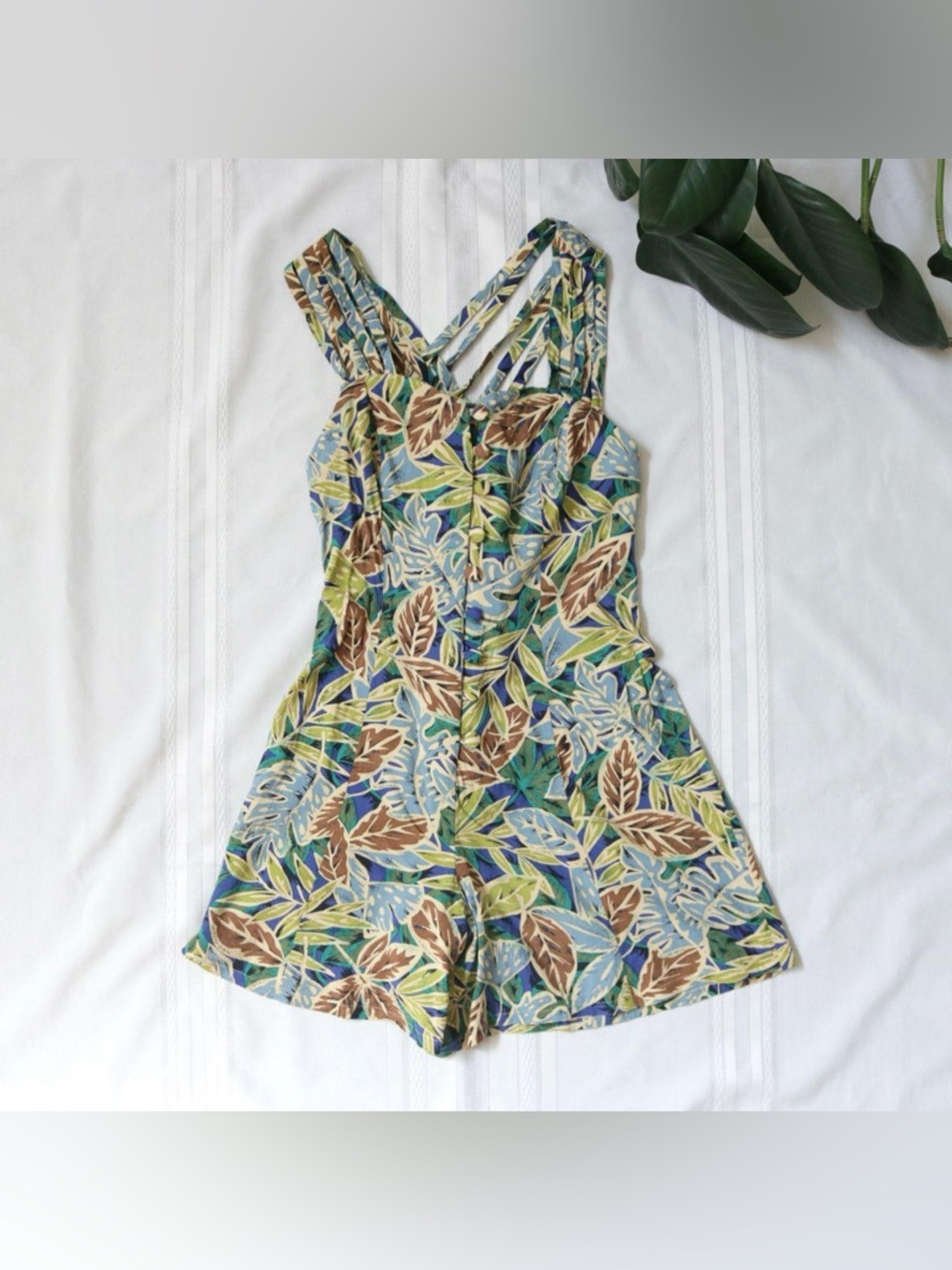 Basic Editions strappy tropical foliage romper